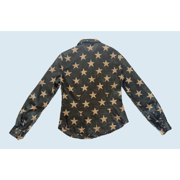 MOSCHINO Jeans Army Green Tan Star Full Button Top Blouse Size Small - Picture 5 of 8